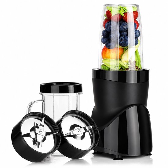 DPLUNIQ Blender - Mixer - Blender Smoothie - Cocktail - 1L - 1200W - Netsnoer 1,2M - 2x Messen - 4 bekers - 2 Deksels - Zwart van DPLUNIQ