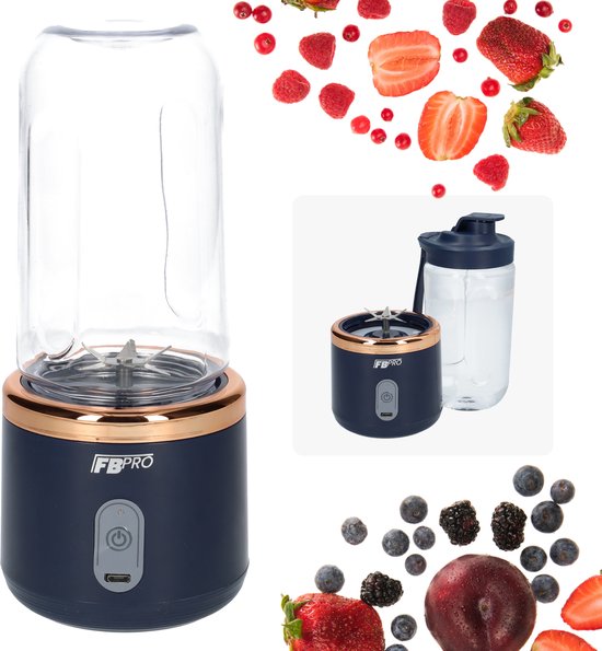Draadloze blender - Smoothie maker - Blender To-Go - Compact - Verwijderbare beker - Met afsluitbare drinktuit - USB-C oplader - 300ML inhoud - Blauw van Merkloos