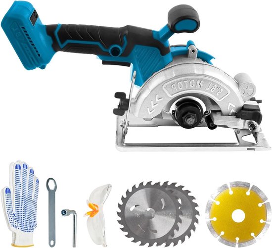 Draadloze Cirkelzaag 1000W 6200RPM, Brushless Elektrische Zaag met 3 Stuks 125MM Zaagbladen, 0-45° Vouwhoek, 32mm Diepte voor Hout, Zacht Metaal en Kunststof