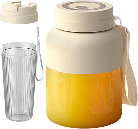 Draadloze Draagbare Blender in Crème met Dubbele Bekers & Dubbele Deksel (800ml) - Oplaadbaar, met Scherpe Mesjes, voor Smoothies & Verse Sappen
