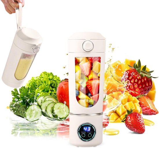 Draadloze Draagbare Blender met Dubbele Deksel en Digitaal Scherm (700ml) – Oplaadbaar, met 12 Roestvrijstalen Mesjes, voor Smoothies, Sappen en Onderweg