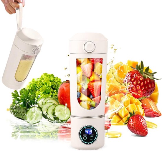 Draadloze Draagbare Blender met Dubbele Deksel en Digitaal Scherm (700ml) - Oplaadbaar, met 12 Roestvrijstalen Mesjes, voor Smoothies, Sappen en Onderweg