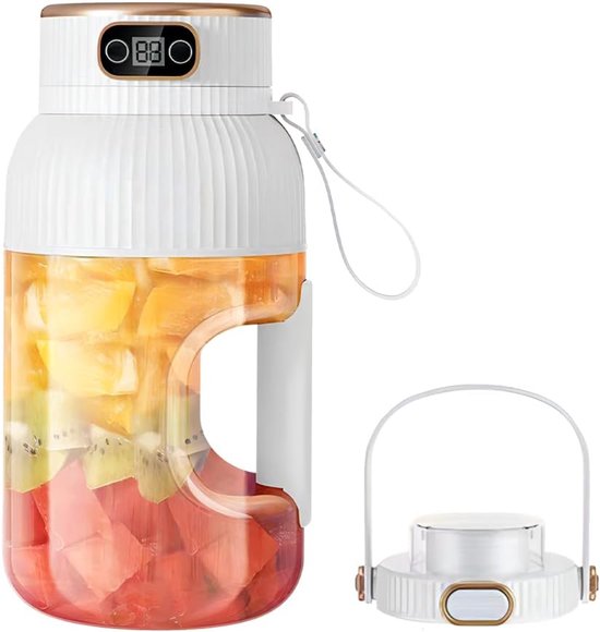 Draadloze Draagbare Blender met Dubbele Deksel en Digitaal Scherm – Oplaadbaar, met 10 Mesjes, voor Smoothies en Verse Sappen，wit