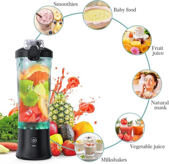 Draadloze Draagbare Blender / Smoothie Maker (600ml) – Oplaadbaar, voor Smoothies, Sappen en Shakes，zwart