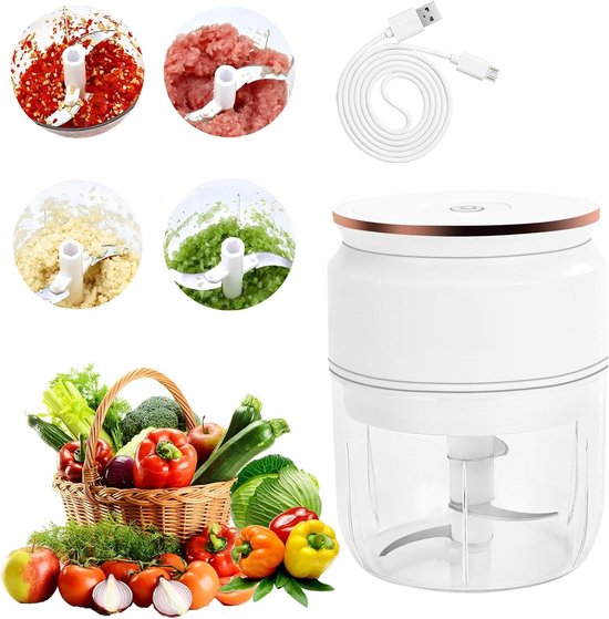 Draadloze Elektrische Uien Snijder, 300 ml, Multifunctionele Keuken Cutter voor Groenten, Vlees en Fruit, Oplaadbaar met USB Kabel