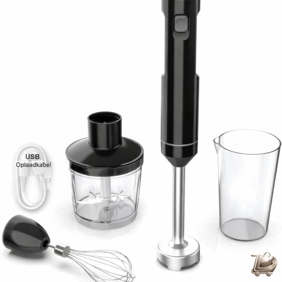 Draadloze Handblender - Variabele Snelheid - Oplaadbaar met Type-C Kabel - 500ml Hakmolen - 600ml Mengbeker - Ei Klopper - Voor Smoothies, Babyvoeding en Soep - Zwart van Merkloos