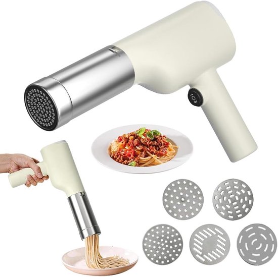 Draadloze handmatige pastamachine, draagbaar en krachtig met 40 W, ideaal voor verse pasta en spaghetti maken, inclusief 5 persvormen