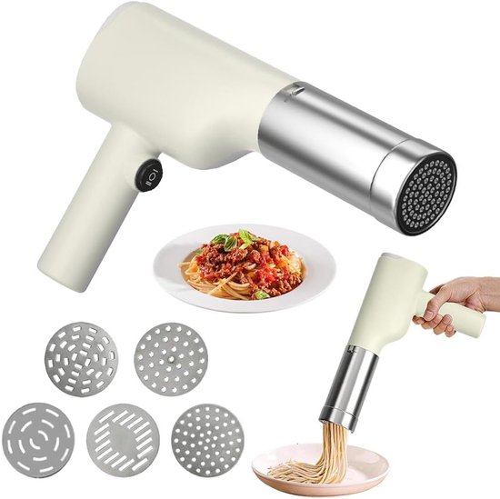 Draadloze handmatige pastamachine, draagbaar ontwerp, 40 W vermogen, 5 persvormen voor verse pasta en spaghetti maken van Merkloos