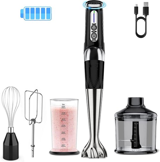 Draadloze Staafmixer - Keukenmixer - Maaltijden Bereiden - 21 Snelheden Instelbaar - 700 ml Capaciteit - Zwart