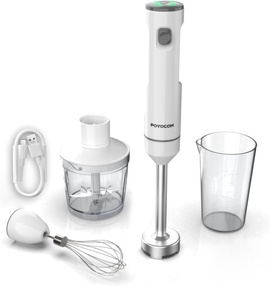 Draadloze Staafmixer - Wit - Oplaadbaar met Type-C Kabel - Met Hakmolen en Garde - Voor Smoothies en Soepen