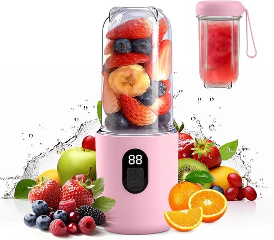 Draagbare 500ML Smoothie Maker met Digitale Display, 16-Bladige USB Juicer voor Shakes en Smoothies, Ideaal voor Keuken, Reizen en Sportactiviteiten, Roze