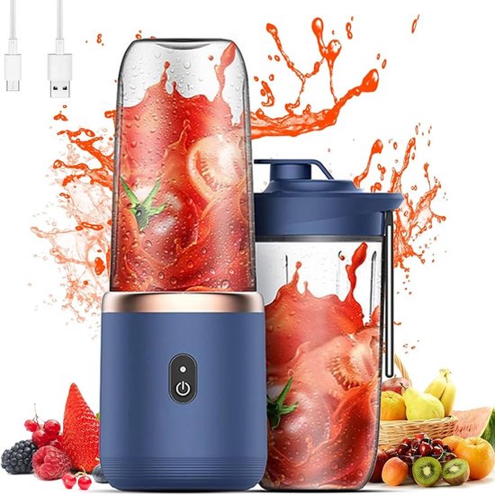 Draagbare Blender - 400ml - Incl. To Go Bekers - 6 Mesjes - Blender To Go -Smoothie Maker - Portable Blender - Oplaadbare mini Blender - USB-C - Oplaadbare Blenders - Draadloze Smoothie - Shake Maker - Voor milkshakes, sappen, smoothies - Blauw van Merkloos