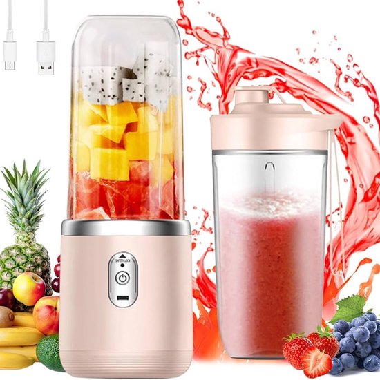 Draagbare Blender - 400ml - Incl. To Go Bekers - 6 Mesjes - Blender To Go -Smoothie Maker - Portable Blender - Oplaadbare mini Blender - USB-C - Oplaadbare Blenders - Draadloze Smoothie - Shake Maker - Voor milkshakes, sappen, smoothies - Roze van Merkloos