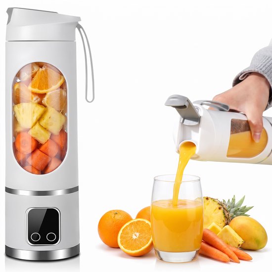 Draagbare blender - 450 ml - USB-oplaadbare smoothiemaker met 12 messen en LED-display - Drinkdeksel, siliconen draaglus - Wit - 500g Lichtgewicht - 3 Snelheden - 12000 RPM Smoothie Maker - To-Go Beker voor Shakes - Sport - Reizen - Kantoor