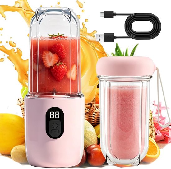 Draagbare Blender 500ml voor Smoothies en Milkshakes met Vervangbare Bekers, USB Oplaadbare Mixmachine met 16 Messen voor Sappen en Gezonde Dranken