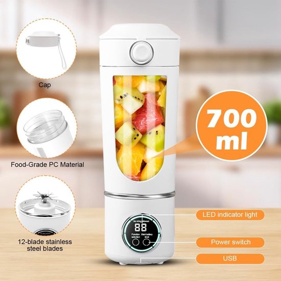 Draagbare Blender, 700 ml, Oplaadbare Mini Juicer, Smoothie Maker met 12 Roestvrijstalen Messen, Ideaal voor Smoothies, Shakes en Reizen, Perfect voor Kantoor en Sportactiviteiten