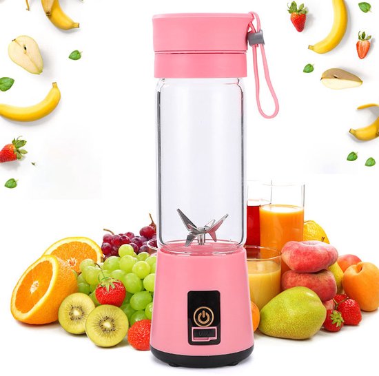 Draagbare blender -Blender -Smoothie Maker - Mixer -Mini Blender -USB oplaadbare blender - Draagbare Blender - Oplaadbare mini Blender -4 messen werken - Blender smoothie - Afneembare compacte blender - Smoothieblender - 380 ml - Roze van Merkloos