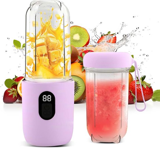 Draagbare blender, elektrische citruspers, draagbaar, met digitaal display, 1500 mAh batterij, draadloos gebruik, snijkop van roestvrij staal (Sus) met 16 messen, paars