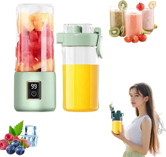 Draagbare blender - Kleine smoothie- en shakemaker, draagbare blender, persoonlijke sapcentrifuge voor shakes en smoothies, USB-C oplaadbare mini-mixer met extra deksel voor op reis, op kantoor en in de sportschool van Merkloos
