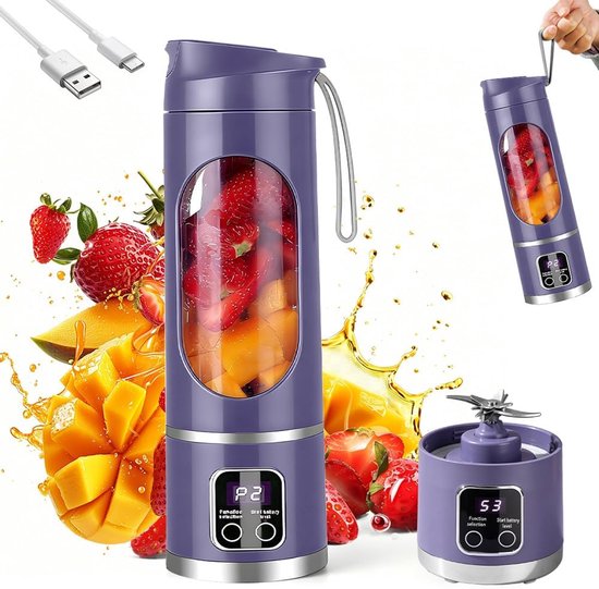 Draagbare Blender - Mini Mixer - Snelle Smoothies Maken - 12 RVS Bladen - 450 ml - Lila