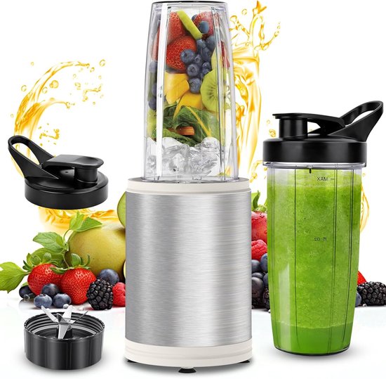 Draagbare Blender - Mini Smoothie Maker - Gezonde Drankjes Maken - Krachtige 1200W Motor - 2x 800ml Cups - Zilver