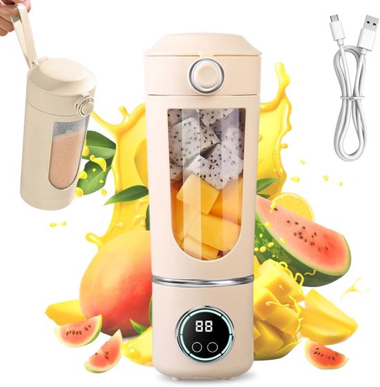 Draagbare blender - Mixer to go - Smoothies maken - 12 messen - 700 ml - Beige