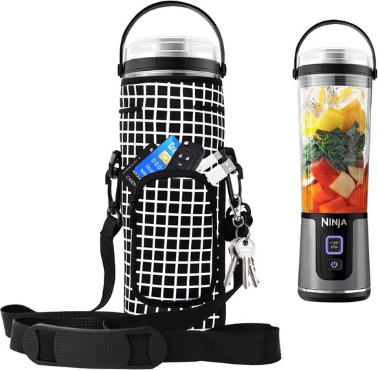 Draagbare blender opbergtas met schouderband voor draadloze mixers, 530ml, zwart geruit, ideaal voor onderweg