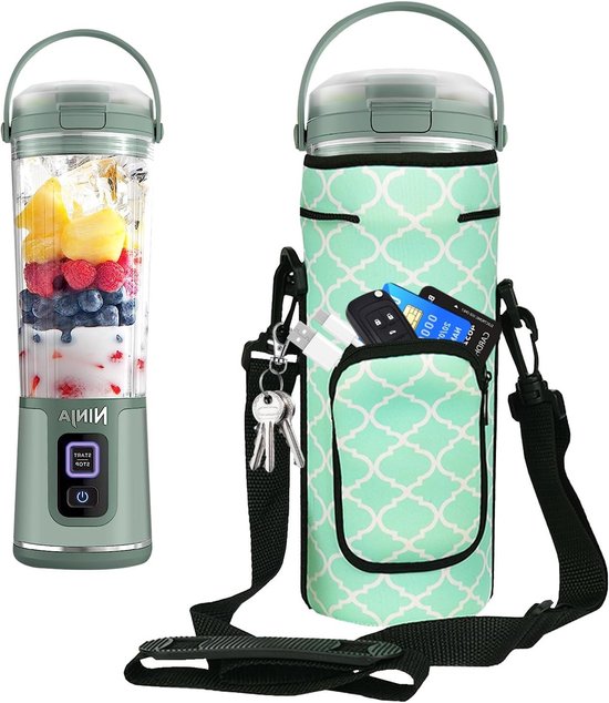 Draagbare blender opbergtas met schouderriem voor kabelvrije mixers, 530ml, lichtgroen, ideaal voor onderweg, multifunctioneel en praktisch van Merkloos