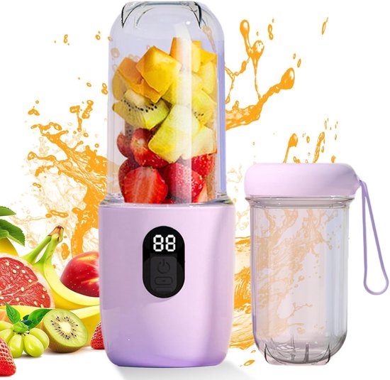 Draagbare Blender - Paars - 500 ml - Met Digitaal Display en 16 Messen - Voor Reizen, Kantoor en Thuis