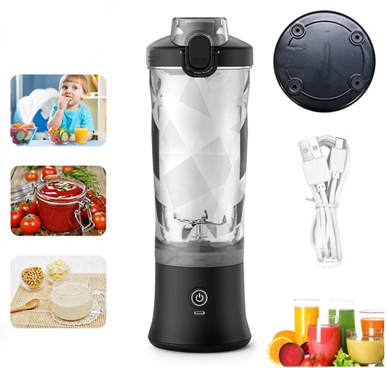 Draagbare blender – Sapblenderbeker – Mini-smoothiemaker – Draagbare blender – Verse sapcentrifuge – Grote inhoud – Geschikt voor kantoor, kamperen, sporten, fitness en reizen – 600 ml – Draadloze USB – Zwart