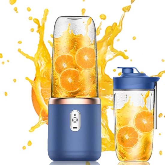 Draagbare blender - smoothie blender to go voor shakes en vers fruit - 500 ml, USB oplaadbaar - blauw - 19,5 x 8,5 x 8,5 cm - ABS voor thuis, werk en onderweg van Merkloos