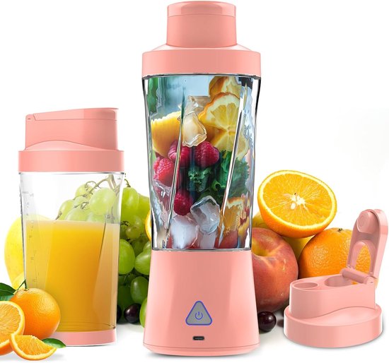 Draagbare blender - smoothie blender to go voor shakes en vers fruit - 6 messen, USB oplaadbaar - roze - 27 x 10 cm - ABS voor thuis, werk en onderweg van Merkloos