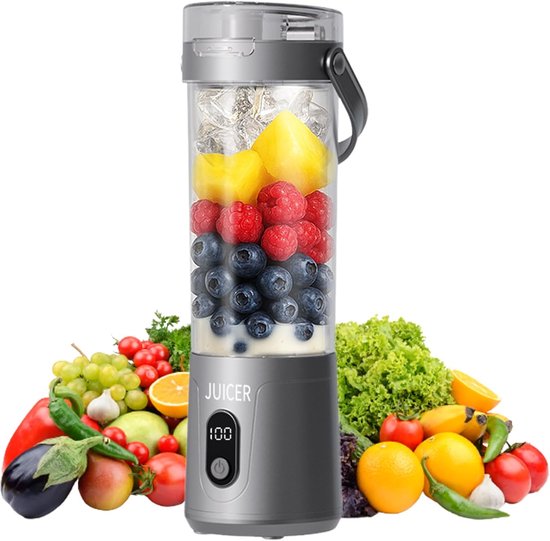 Draagbare blender - smoothie blender to go voor shakes en vers fruit - USB oplaadbaar - grijs - 26,5 x 9,5 x 8,5 cm - ABS voor thuis, werk en onderweg van Merkloos