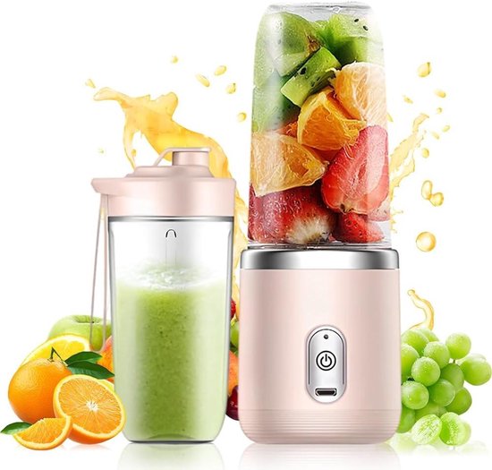 Draagbare Blender - Smoothie Maker - Gezonde Drankjes Maken - 6 RVS Messen - 400 ml - Roze