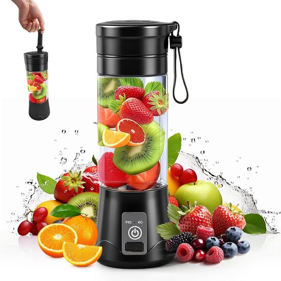 Draagbare Blender - Smoothie Maker Mini Mixer - Gezonde Drankjes Maken - 10-Blads Meskop - 380 ml - Zwart