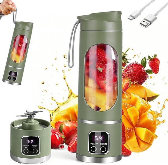 Draagbare Blender - Smoothie Maker Mini Mixer - Gezonde Drankjes Maken - 12 Roestvrij Stalen Bladen - 450 ml - Olijfgroen