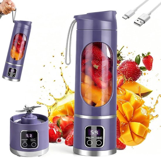 Draagbare blender - Smoothie maker - Onderweg mixen - 12 RVS messen - 450 ml - Lila