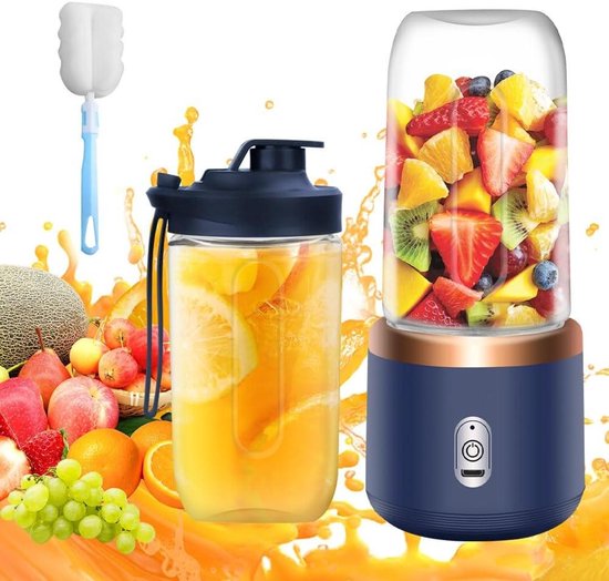 Draagbare Blender - Smoothie Maker - Onderweg Mixen - 6 Roestvrijstalen Messen - 400 ml Capaciteit - Blauw
