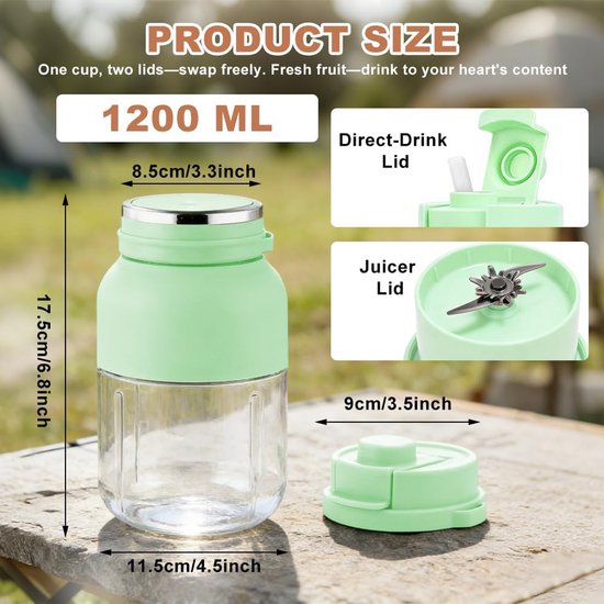 Draagbare Blender - Smoothiemaker Fles - Verse Drankjes Maken - 38 Roestvrijstalen Messen - 1200 ml - Groen