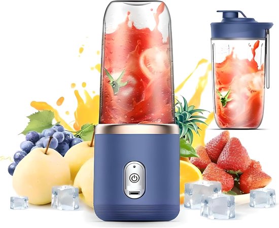 Draagbare blender van 412 ml voor sappen en smoothies met 6 messen. Krachtige Fusion Blender met USB-oplaadfunctie, deksel en beker inbegrepen. Geschikt voor reizen en buitenactiviteiten (marineblauw). van Merkloos
