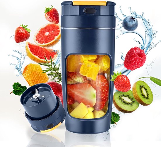 Draagbare blenderbeker - Grote inhoud van 600 ml, compacte blenderbeker voor onderweg, perfect voor het maken van smoothies en crèmes. Ontwerp met meerdere messen voor hoge snelheid | Klein formaat, lekvrij - Blauw van Merkloos