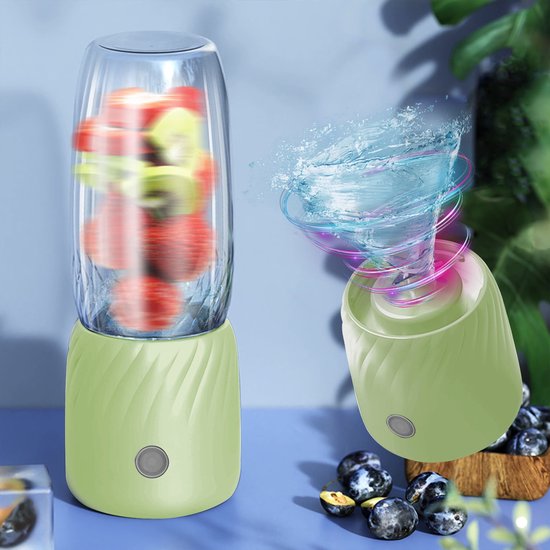Draagbare blender/sapcentrifuge, USB-oplader, 6 roestvrijstalen messen, 350 ml inhoud, handblender, geschikt voor smoothies, sappen, sport, reizen en buitengebruik (groen). van Merkloos