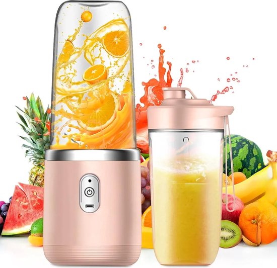 Draagbare blender/staande blender/shakemaker, 400 ml inhoud, oplaadbaar via USB, inclusief 2 mengbekers, roze. van Merkloos