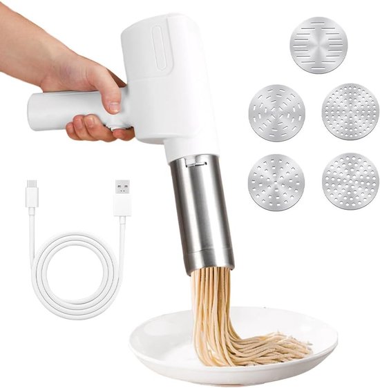 Draagbare Elektrische Pastamaker, Oplaadbare 2000 mAh Machine met 5 Persmallen voor Zelfgemaakte Pasta en Spaghetti van Merkloos