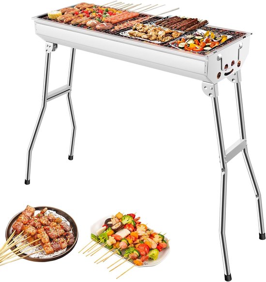 Draagbare Houtskoolgrill - Klapgrill Picknickgrill - Outdoor Koken - Montage Zonder Gereedschap - Voor 5-10 Personen - Zilver