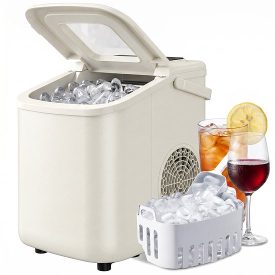 Draagbare IJsblokjesmachine met Zelfreinigende Functie - 12 kg/24u - IJsschep en Mandje - Beige