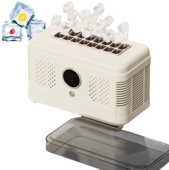 Draagbare ijsmachine - Mini-ijsmachine voor op het bureau - Mini-ijsmachine - Met display en ontdooifunctie - Maakt 12/16 ijsblokjes per keer - Geschikt voor kantoor, thuis en op de camping - Crème wit