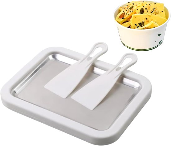 Draagbare ijsplaat - Dessertmaker thuis - Zelf ijs maken - Roestvrij staal - Incl 2 schrapers - Wit