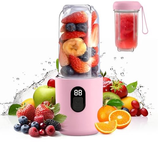 Draagbare Mini Blender 500ml met Digitaal Display - 16 Messen - USB Oplaadbaar - Dual Mode - Roze
