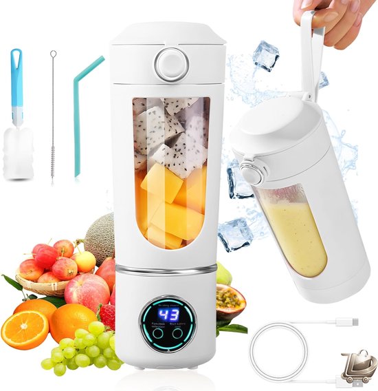 Draagbare Mini Blender - Smoothie Maker en Kleine Juicer - 12 RVS Mesjes - Digitale Display - Silicone Rietje - Type C Oplaadbaar - 700ml Shake Mixer - Wit